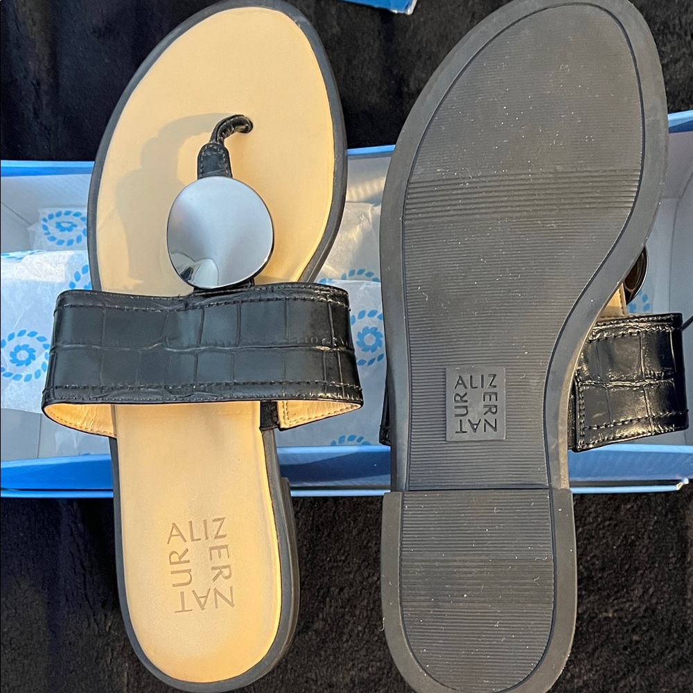 Naturalizer Black Croc-Embossed Slide Sandals